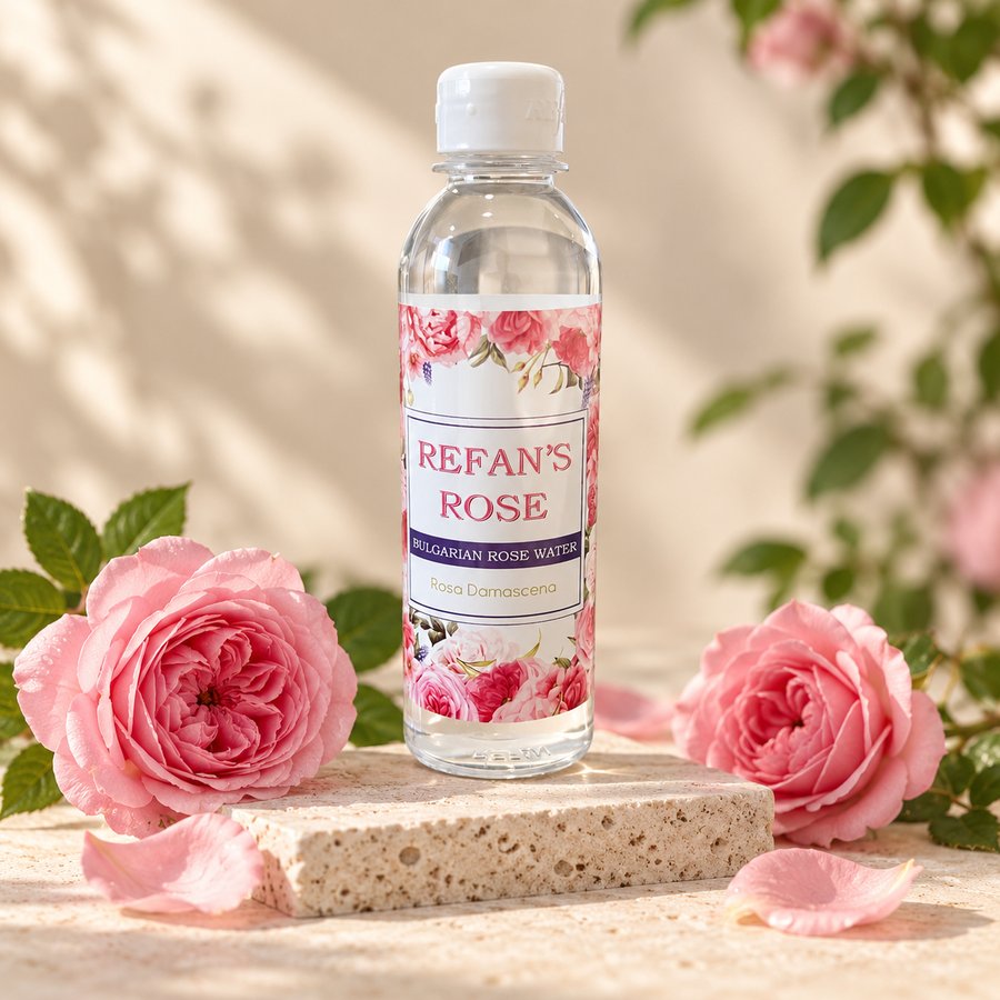 Refan's Rose rózsavíz üvege kőlapon, két nyíló rózsával